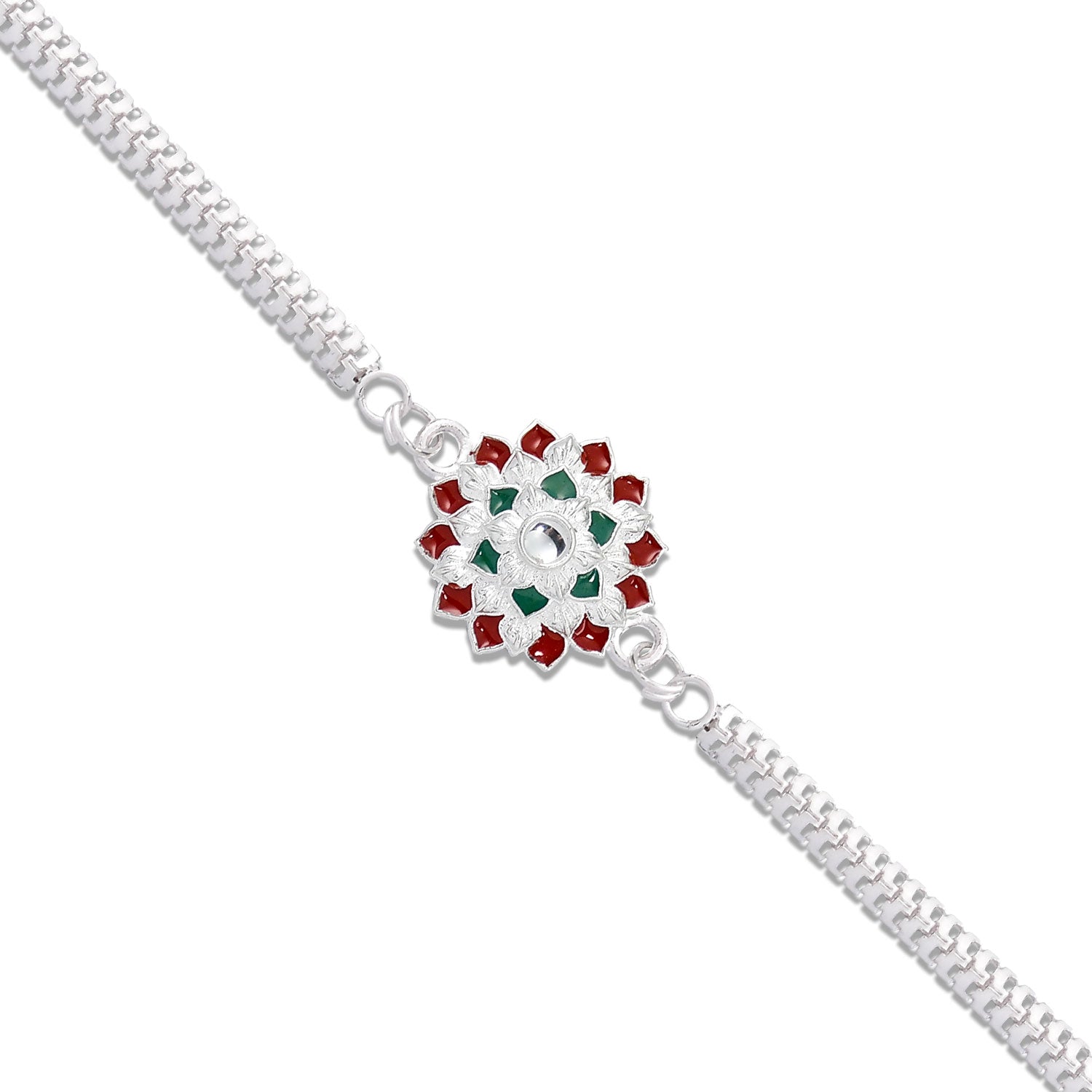 Round Shape Silver Chain Rakhi With  Red-green Accents Round Shape Silver Chain Rakhi With  Red-green Accents